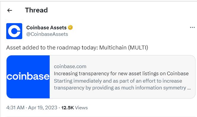 Coinbase 将 Multichain（MULTI）列入上币路线图